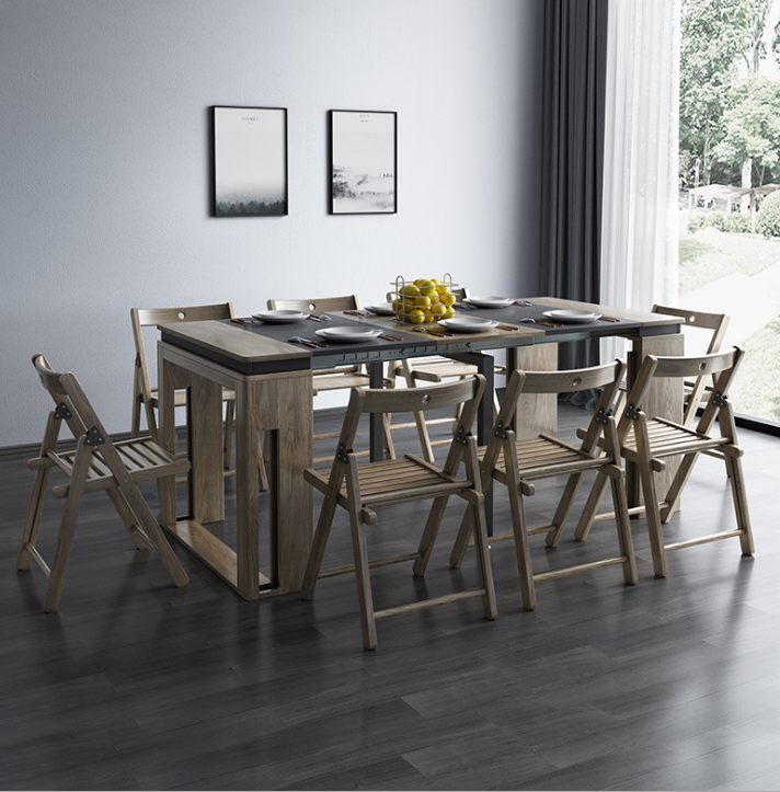 伸缩折叠餐桌小户型家用长方形靠墙省空间多功能2-8人餐椅