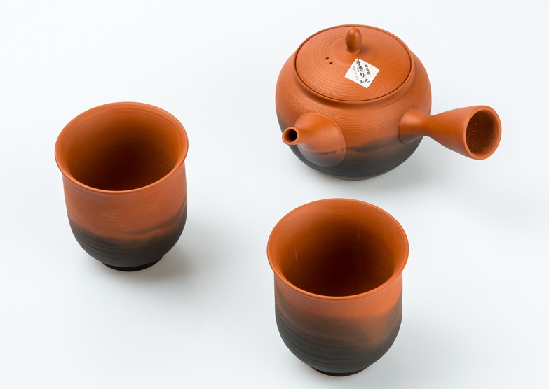 日本AITO常滑烧手作茶壶茶杯3件套朱泥紫砂壶朱黑色